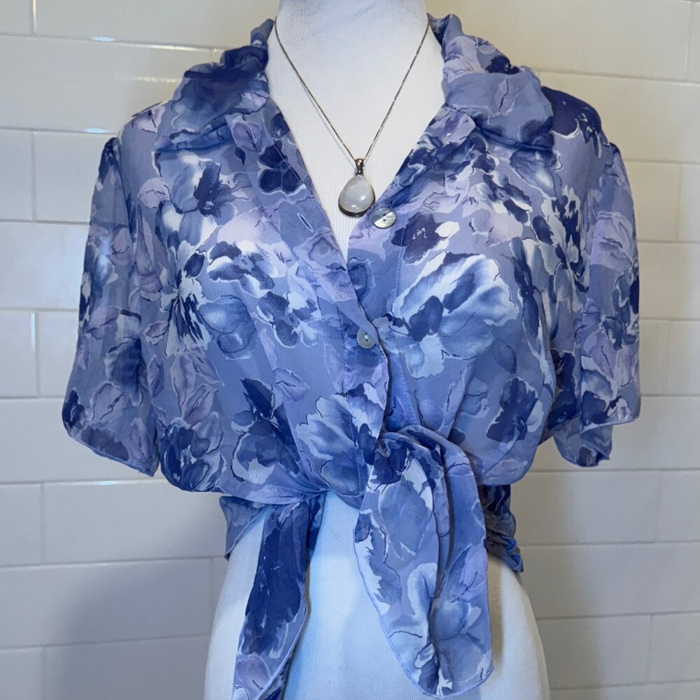 Floral Sheer Button-Up Shirt - Purple and White